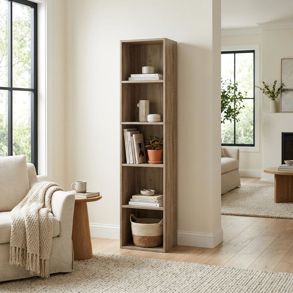 Rustic French Oak 5-Tier Open Shelf Bookcase with Durable Wood Construction