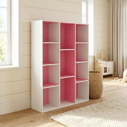 White and Pink Reversible Open Shelf Bookcase with Sturdy Wood Construction
