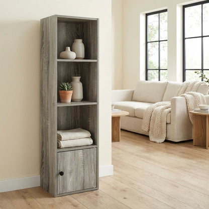 Wooden 4-Tier Shelf Bookcase with Door Storage in French Oak Finish