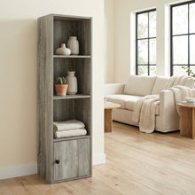 Wooden 4-Tier Shelf Bookcase with Door Storage in French Oak Finish
