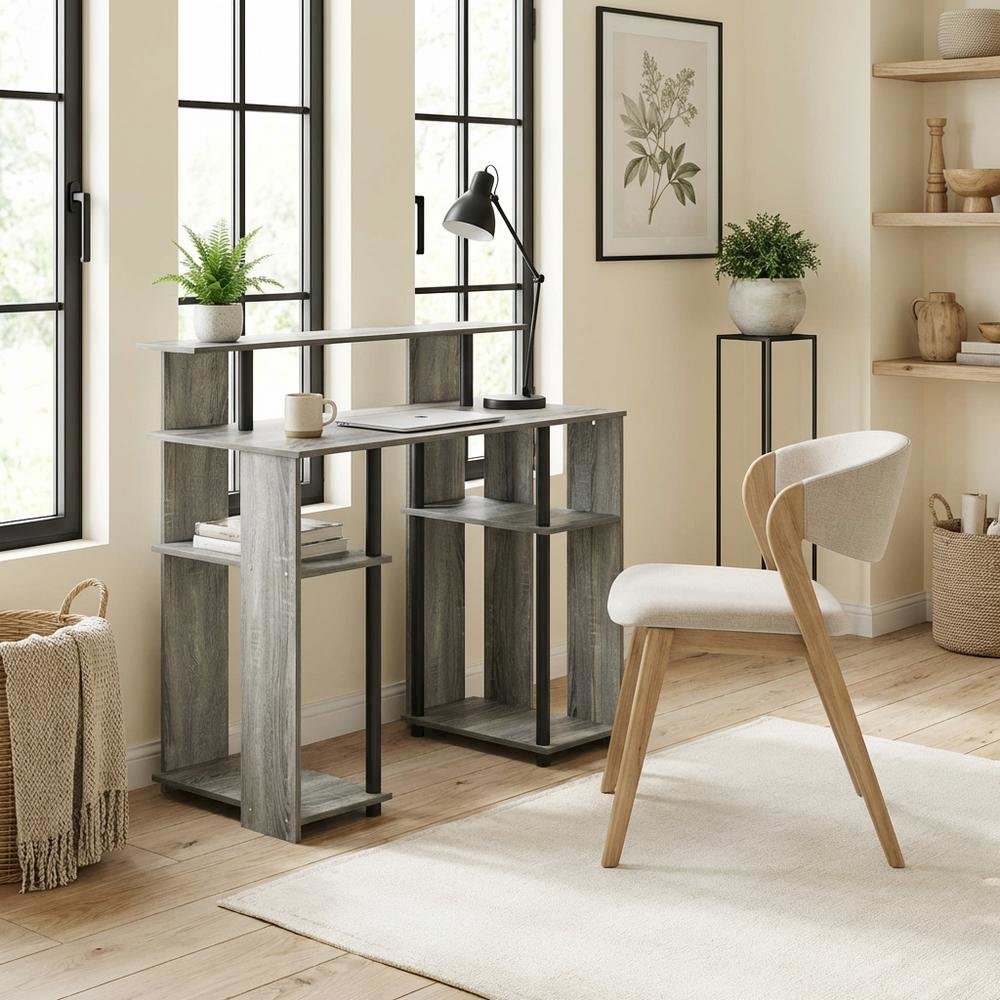 French Oak Grey/Black Computer Writing Desk with Modern Design, Sturdy