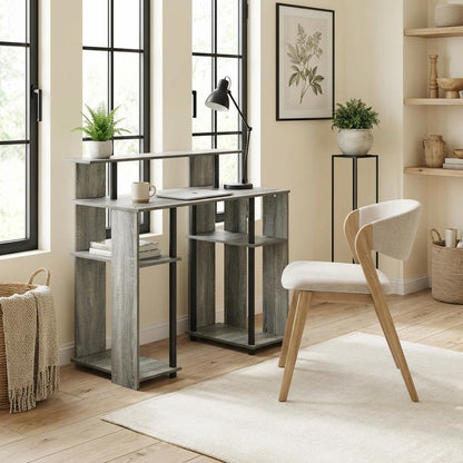 French Oak Grey/Black Computer Writing Desk with Modern Design, Sturdy