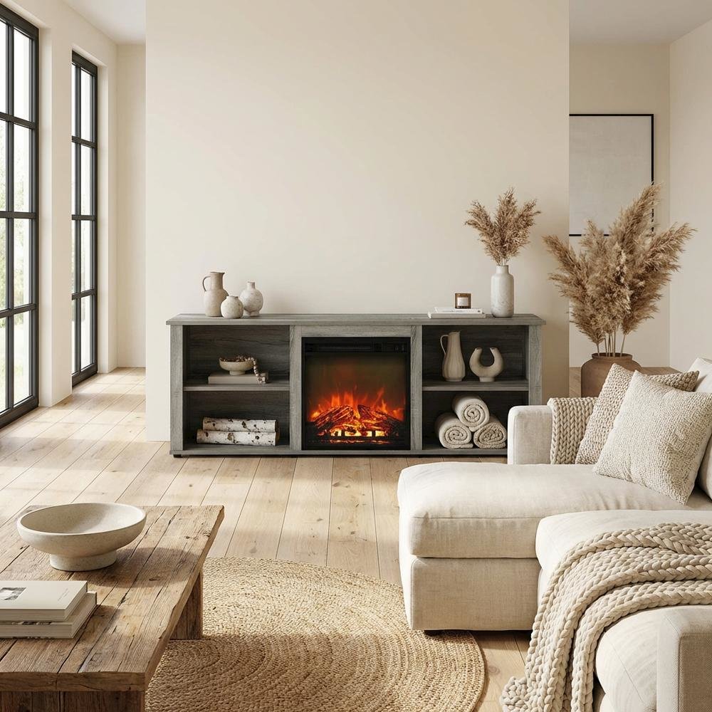 Wood TV stand with fireplace in French Oak Grey for modern living