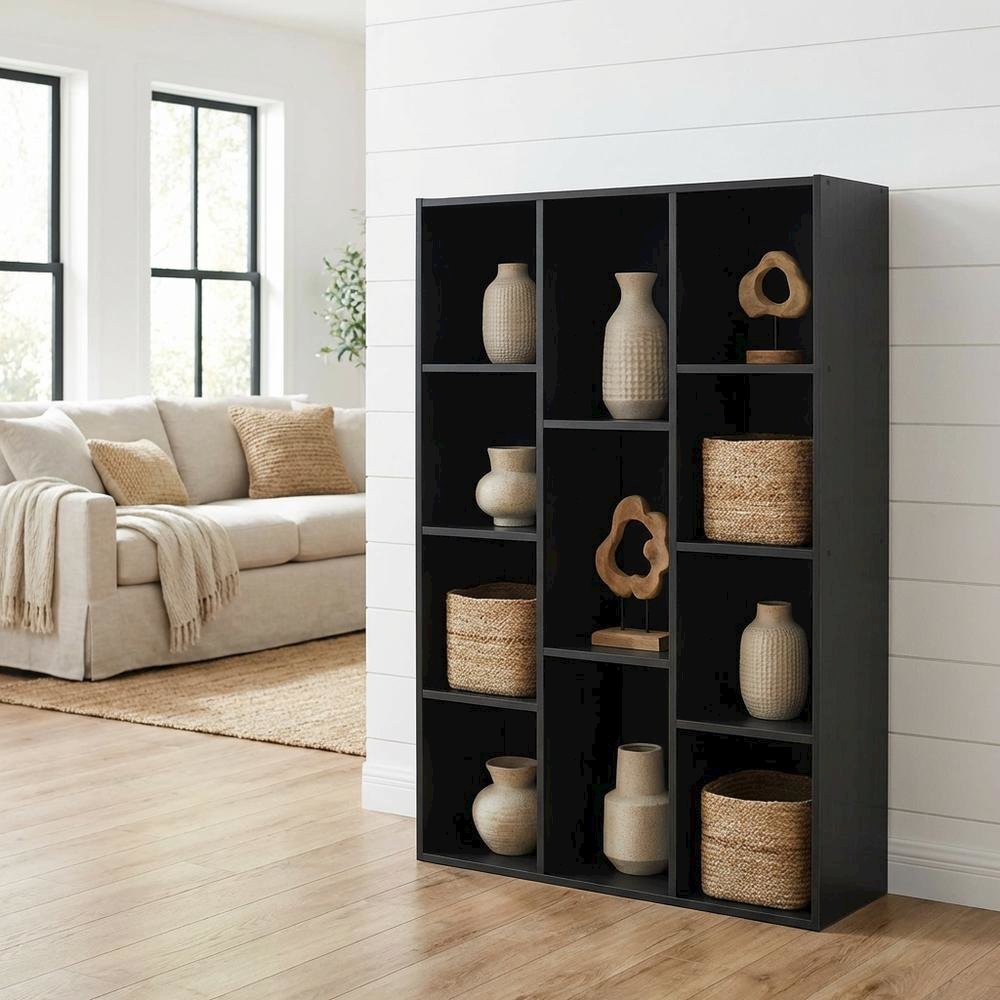 Black Manufactured Wood Bookcase with Open Shelving and Modern Design