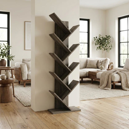 Wooden 9-Tier Bookcase with French Oak Finish for Living Room Storage