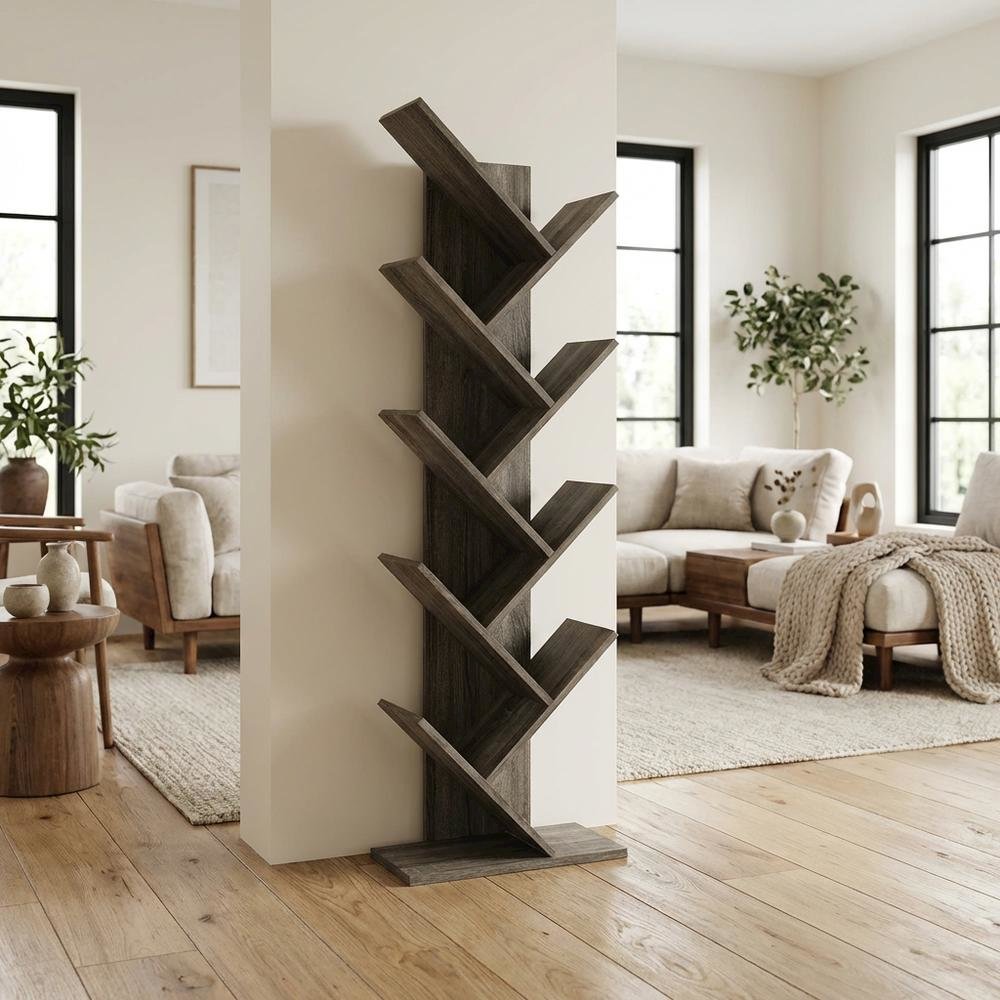 Wooden 9-Tier Bookcase with French Oak Finish for Living Room Storage