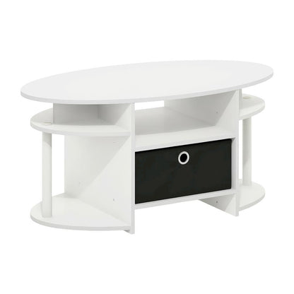 White Oval Coffee Table with Storage Bin and Modern Minimalist Design