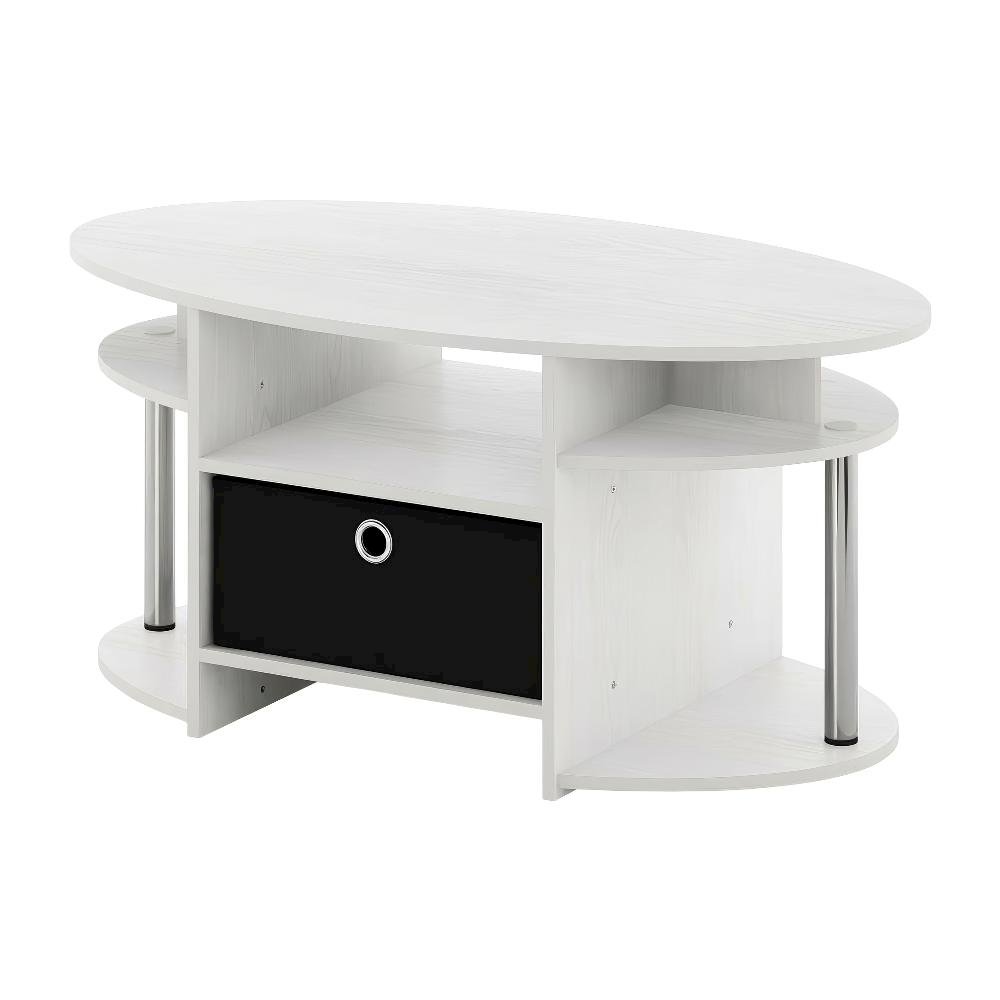 White Oak Oval Coffee Table with Storage Bin and Stainless Steel Tubes
