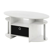 White Oak Oval Coffee Table with Storage Bin and Stainless Steel Tubes