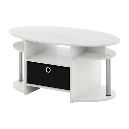 White Oak Oval Coffee Table with Storage Bin and Stainless Steel Tubes