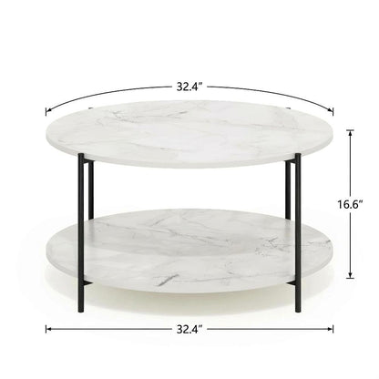 Round Marble White 2-Tier Coffee Table with Sturdy Metal Legs and Storage Space