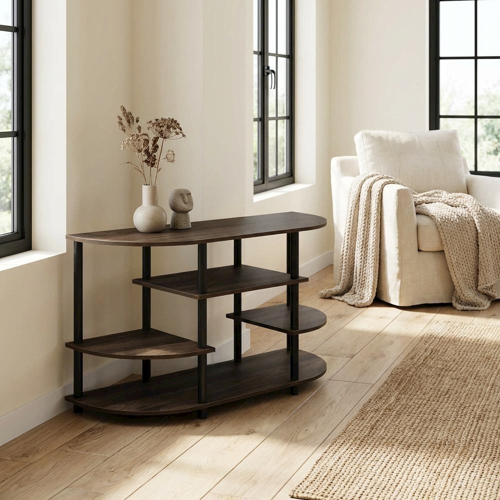 Corner TV Stand in Columbia Walnut/Black, Modern Design, Wood-Composite Material