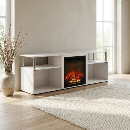 White Oak, Chrome Fireplace Entertainment Center, TVs up to 70 Inches