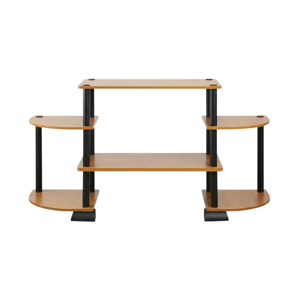 TV entertainment center in light cherry, black, composite wood, PVC tubes