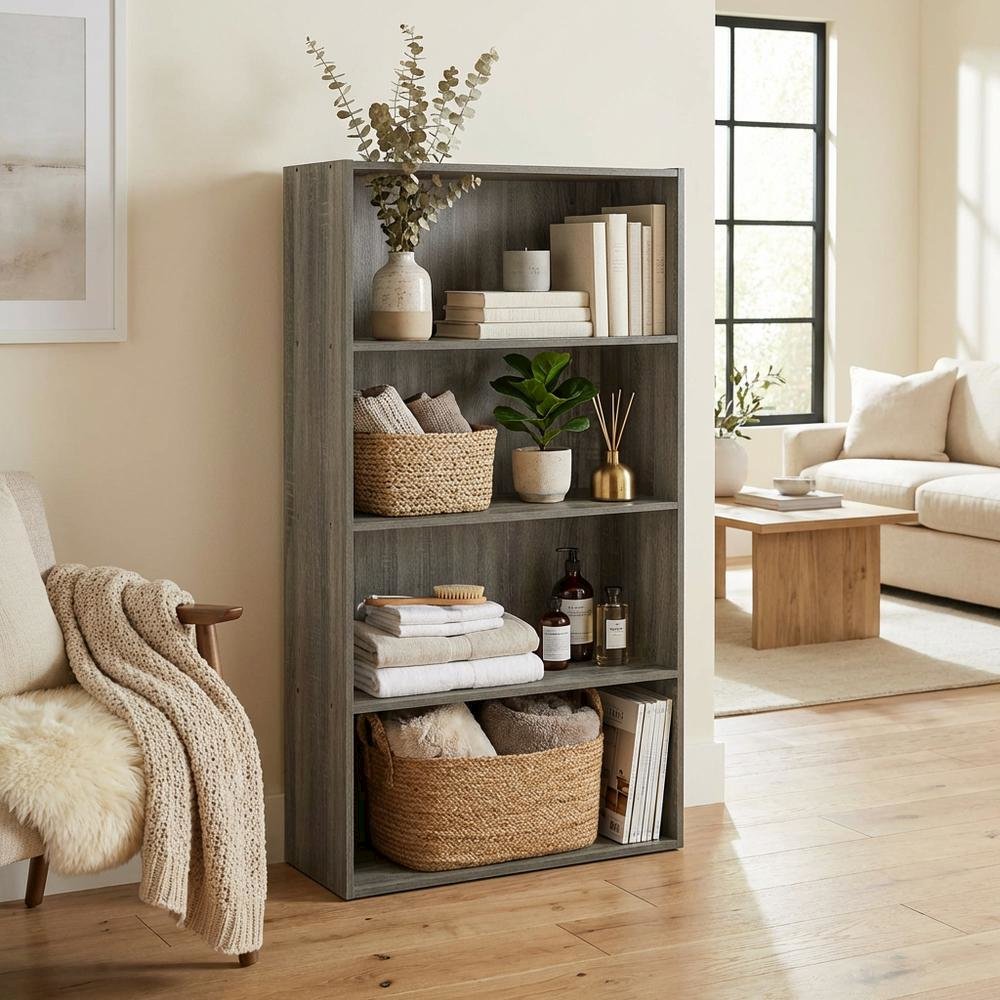 French Oak Grey 4-Tier Open Shelf Bookcase with Wooden Construction