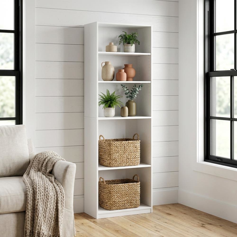 White 5-Tier Adjustable Shelf Bookcase with Wooden Construction
