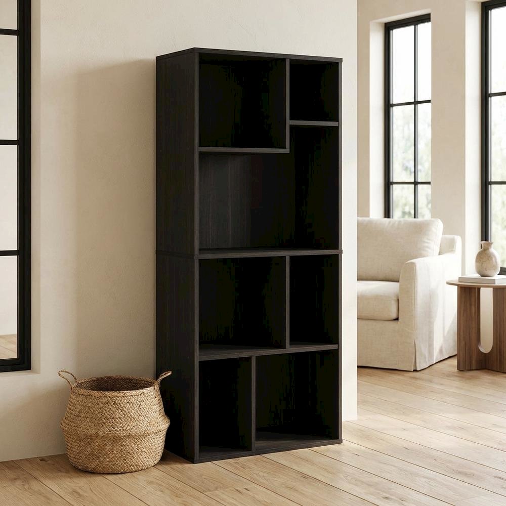 Espresso 7-Cube Irregular Bookcase with Storage Organizer and Modern Design