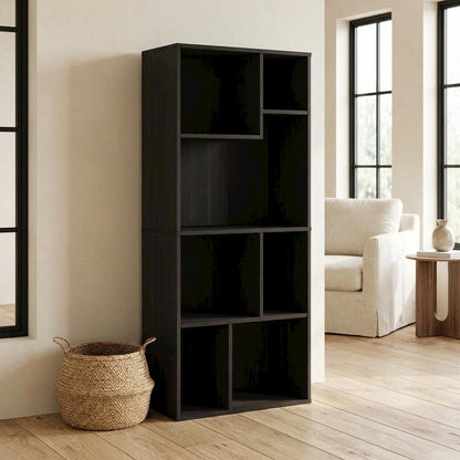 Espresso 7-Cube Irregular Bookcase with Storage Organizer and Modern Design