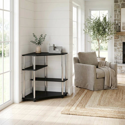 Corner Desk With Shelves In Brown And Stainless Steel For Home Office Use