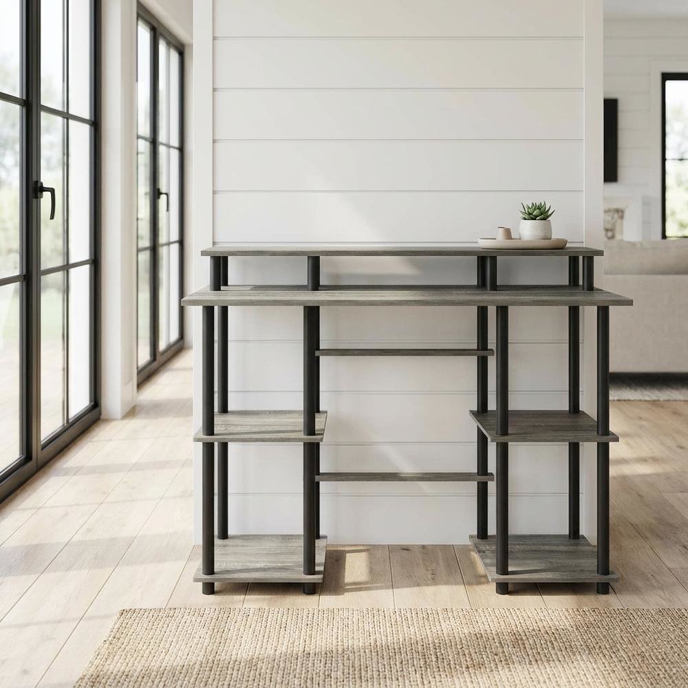 Grey Computer Desk With Top Shelf And Sleek Modern Design For Home Office Use