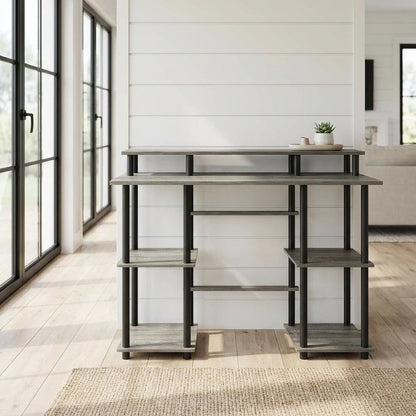 Grey Computer Desk With Top Shelf And Sleek Modern Design For Home Office Use