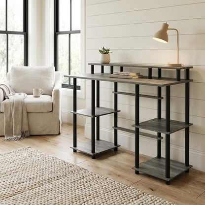 Grey Computer Desk With Top Shelf And Sleek Modern Design For Home Office Use