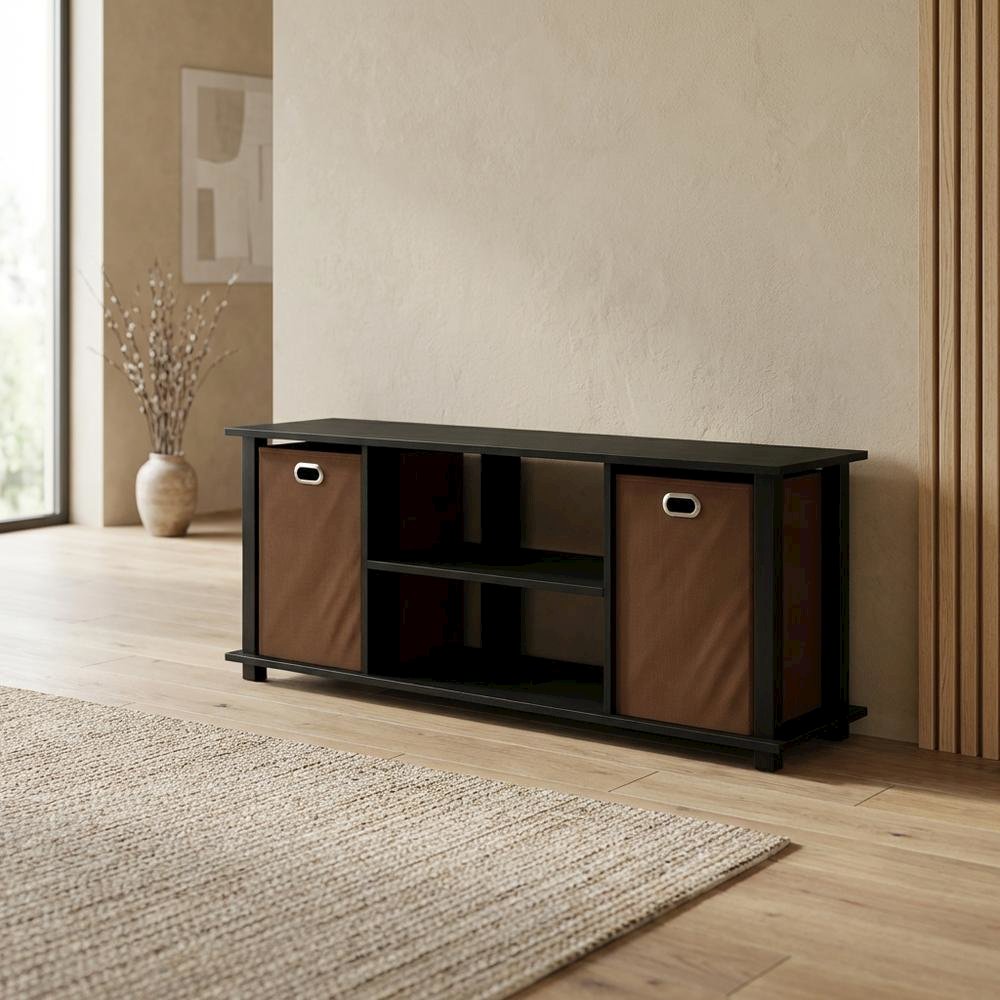 Wooden Entertainment Center with Storage Bins in Americano and Black Finish