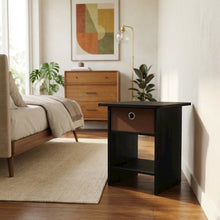 Medium brown wood nightstand with storage shelf and bin drawer