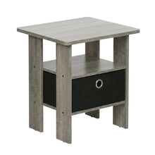 Grey night stand with storage bin drawer, stylish bedroom accent