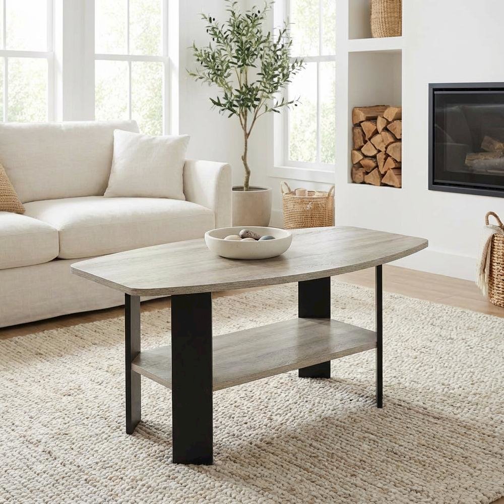 French Oak Grey Coffee Table with Black Metal Legs and Minimalist Design