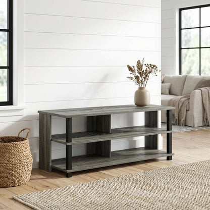 Wood TV stand in French Oak Grey, Black, three tiers, up to 50-inch TVs