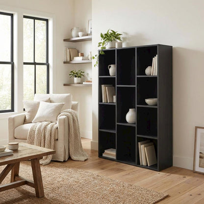Black Manufactured Wood Bookcase with Open Shelving and Modern Design