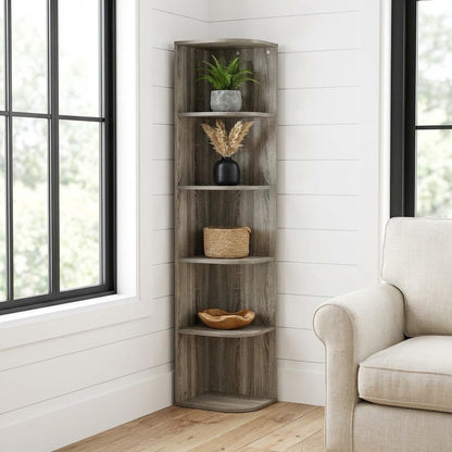 Corner Open Shelf Bookcase in French Oak Finish for Residential Storage