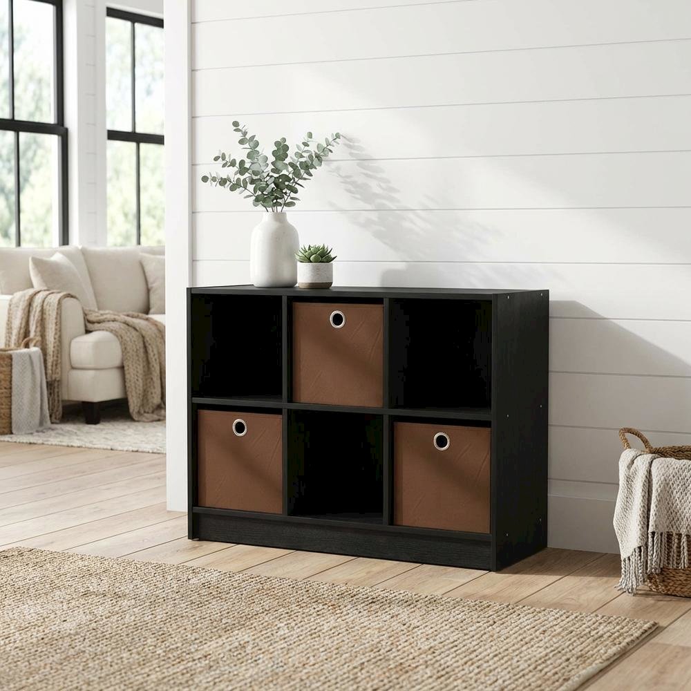 3x2 Wooden Bookcase with Bins in Medium Brown for Organized Storage