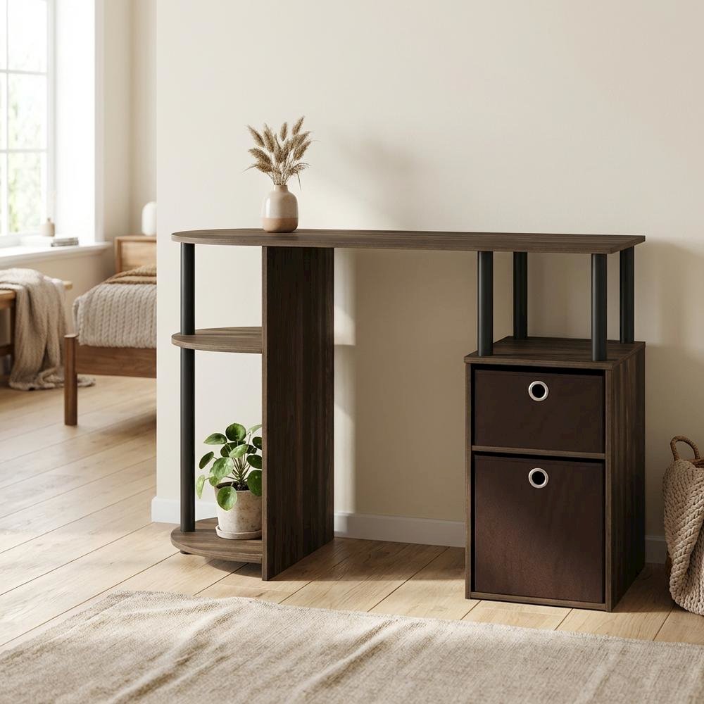 Columbia Walnut and Black Study Desk with Drawer Bins for Home Office