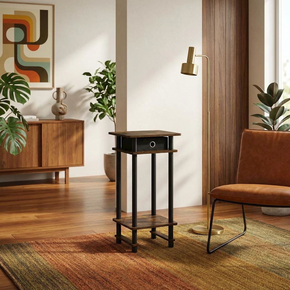 Amber Pine and Black Finish Tall End Tables with Storage Bins, Set of 2
