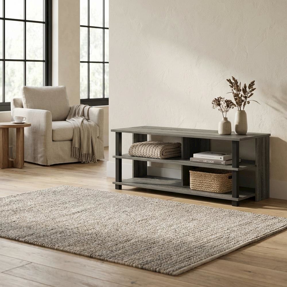 Wood TV stand in French Oak Grey, Black, three tiers, up to 50-inch TVs