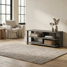 Wood TV stand in French Oak Grey, Black, three tiers, up to 50-inch TVs