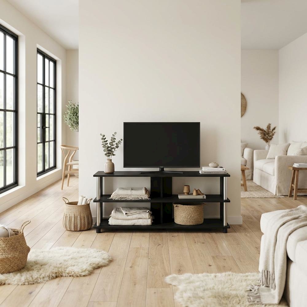 Wooden TV stand in Americano finish with stainless steel tubes, 3-tier design