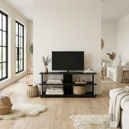 Wooden TV stand in Americano finish with stainless steel tubes, 3-tier design