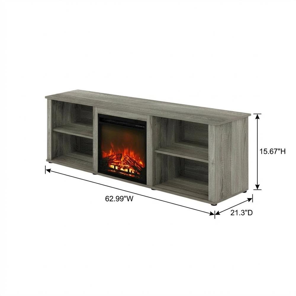 Wood TV stand with fireplace in French Oak Grey for modern living