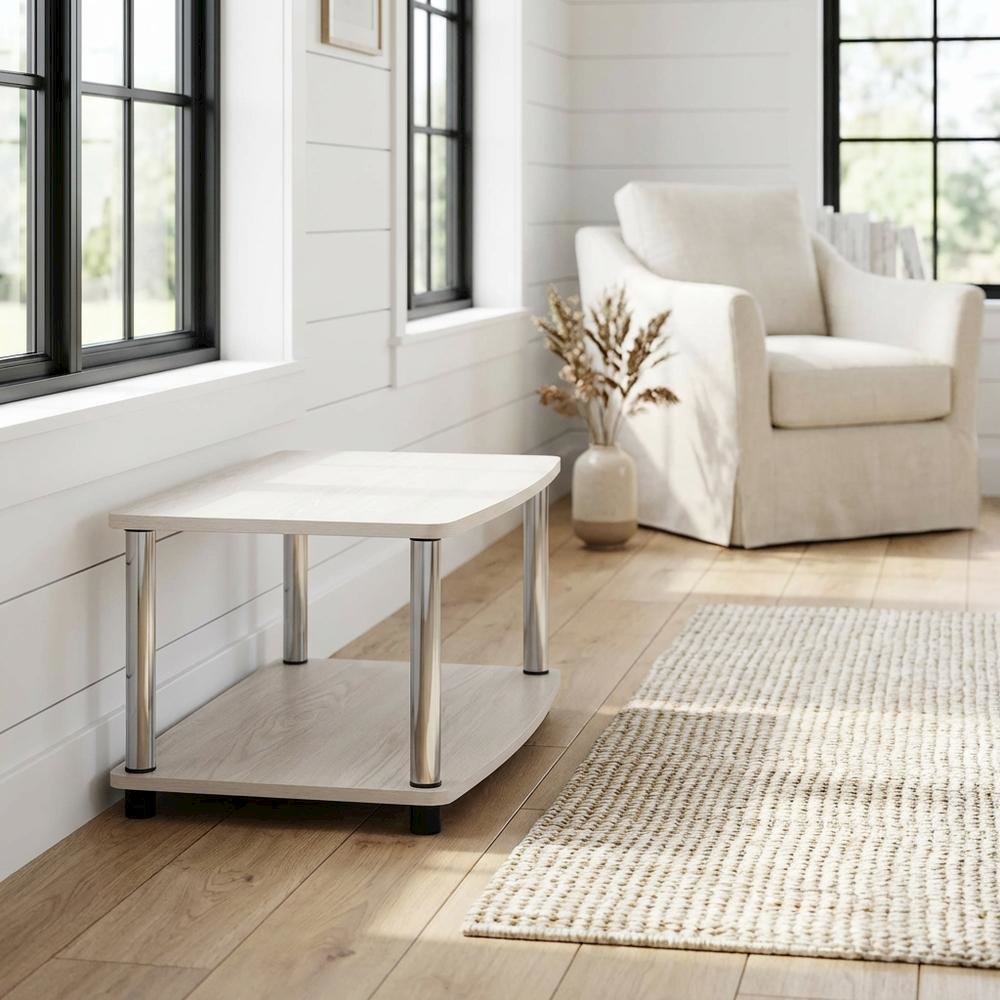 White Oak, Chrome TV Stand, Elevated 2-Tier Design, Wooden Construction