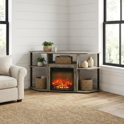 Gray open storage corner fireplace TV stand, 55-inch screens, wood veneer finish