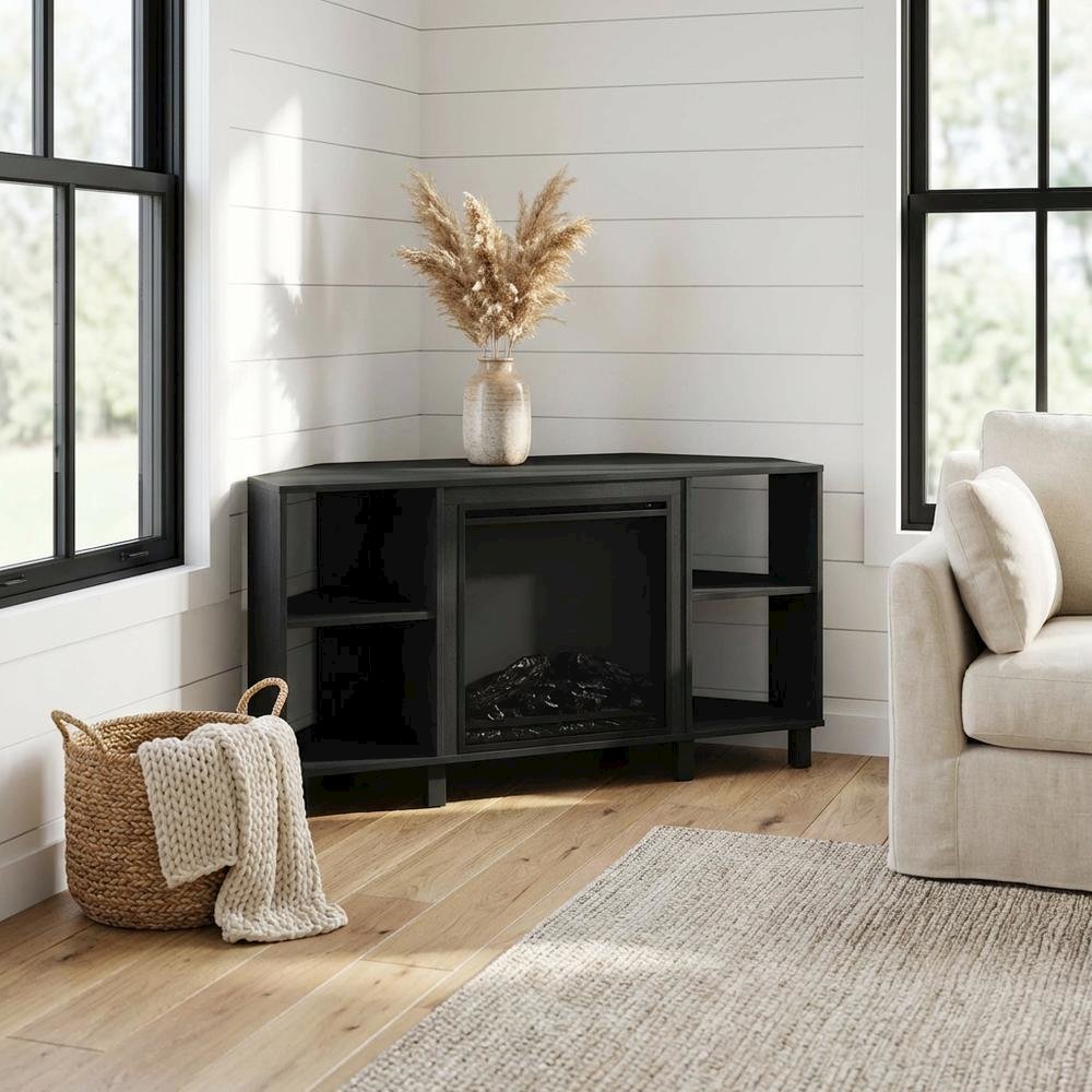 Brown electric fireplace corner TV stand with storage and media center features