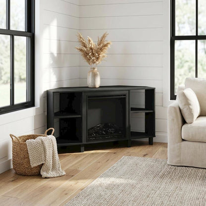 Brown electric fireplace corner TV stand with storage and media center features