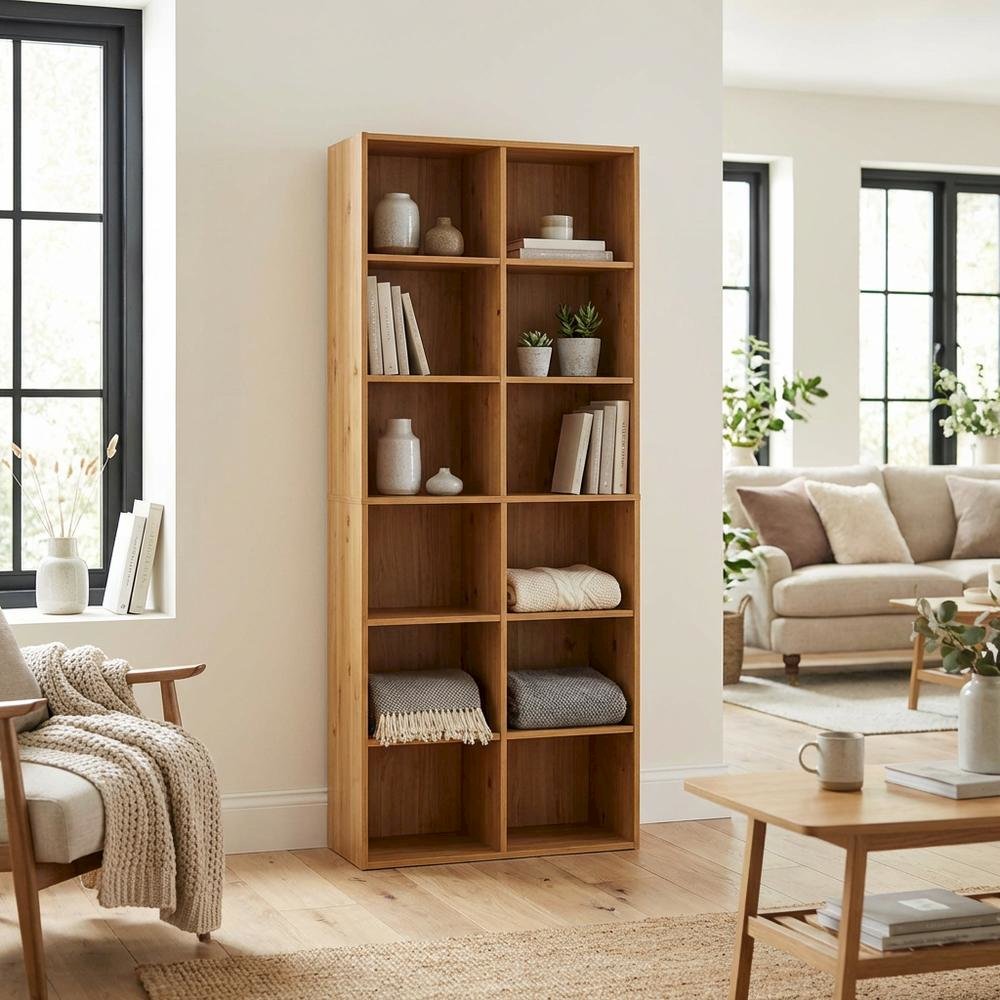 Wooden 12-Cube Open Bookcase with Ample Storage and Amber Pine Finish