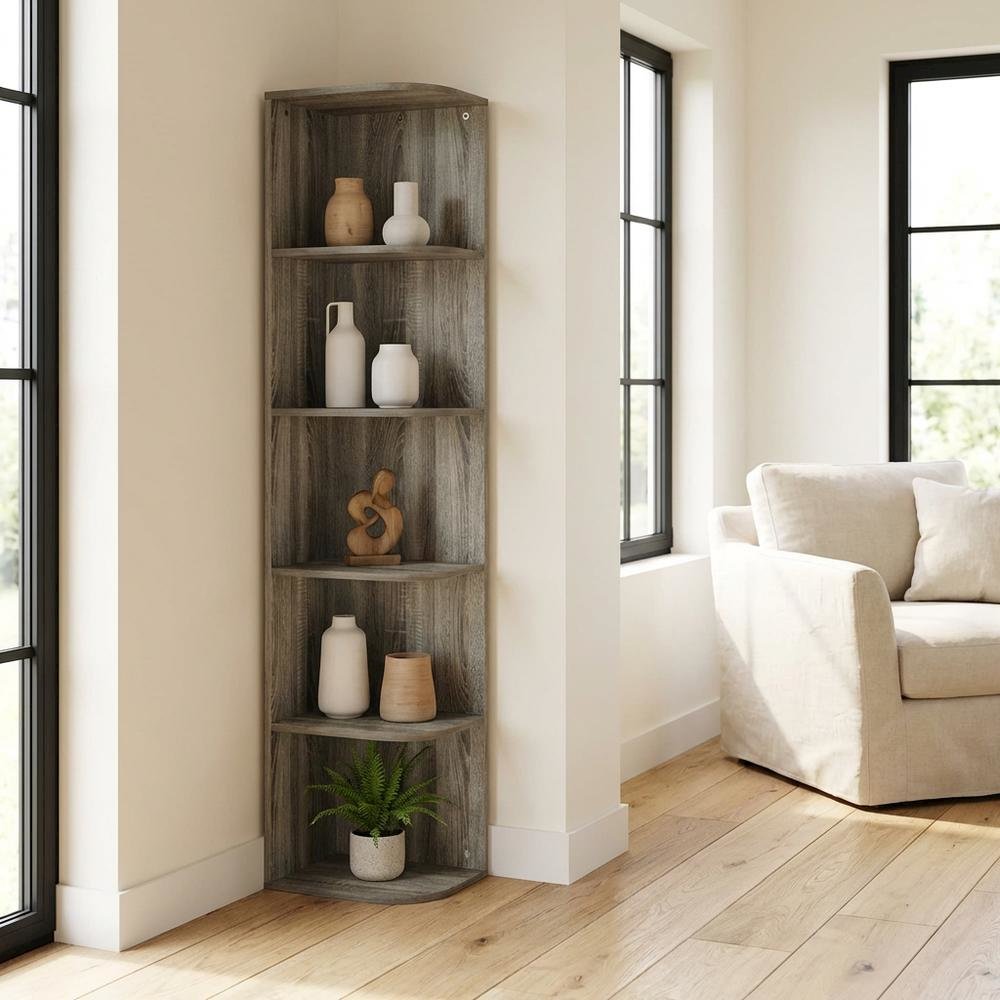 Corner Open Shelf Bookcase in French Oak Finish for Residential Storage