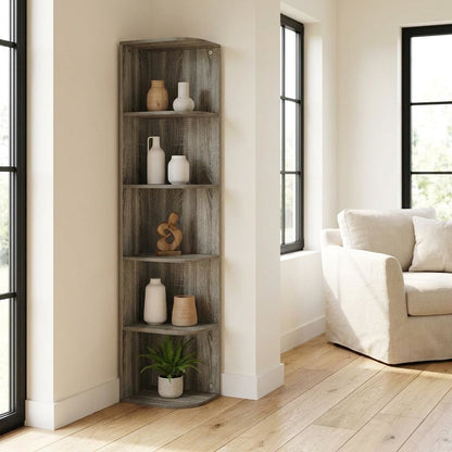 Corner Open Shelf Bookcase in French Oak Finish for Residential Storage