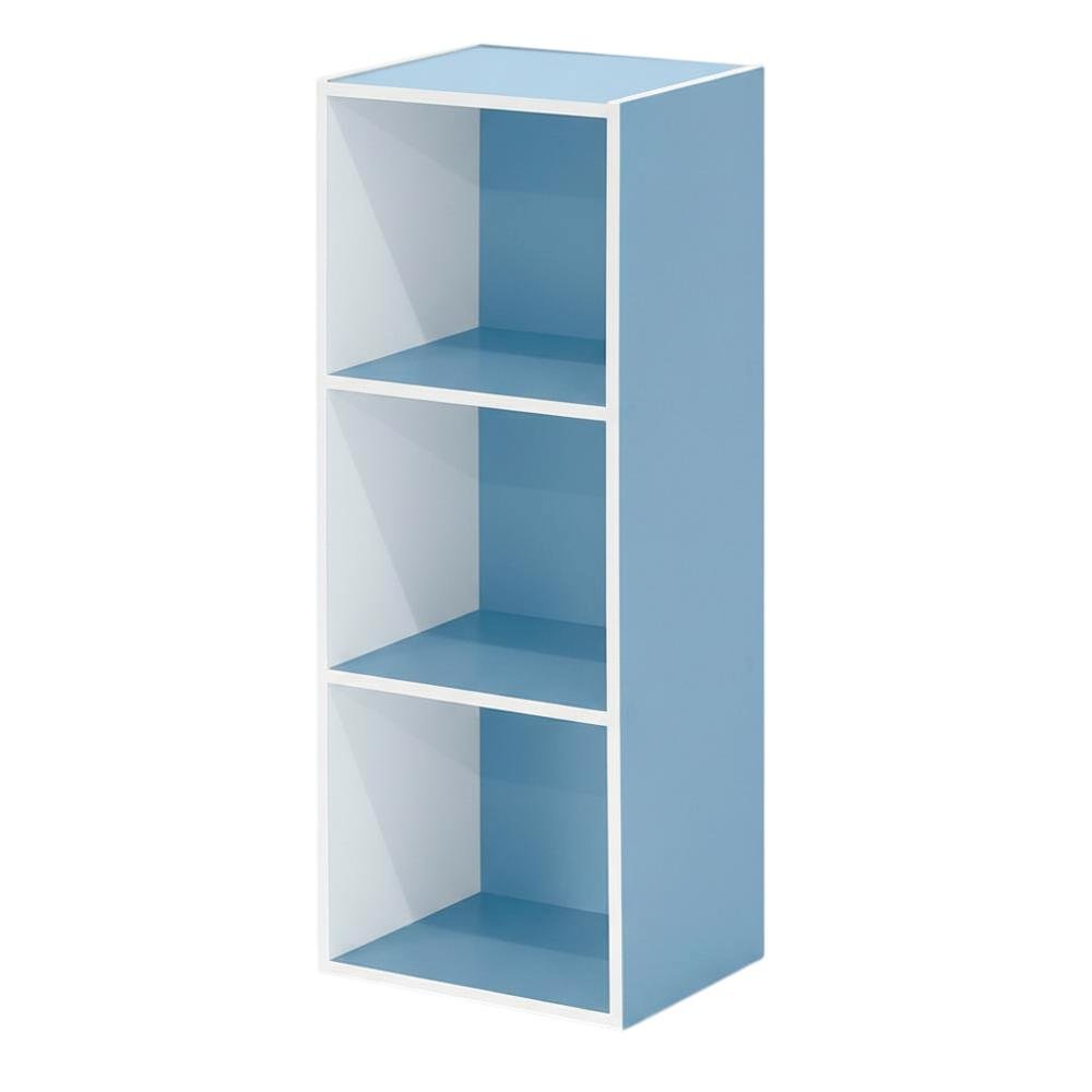 White and Light Blue 3-Tier Open Shelf Bookcase with Spacious Storage
