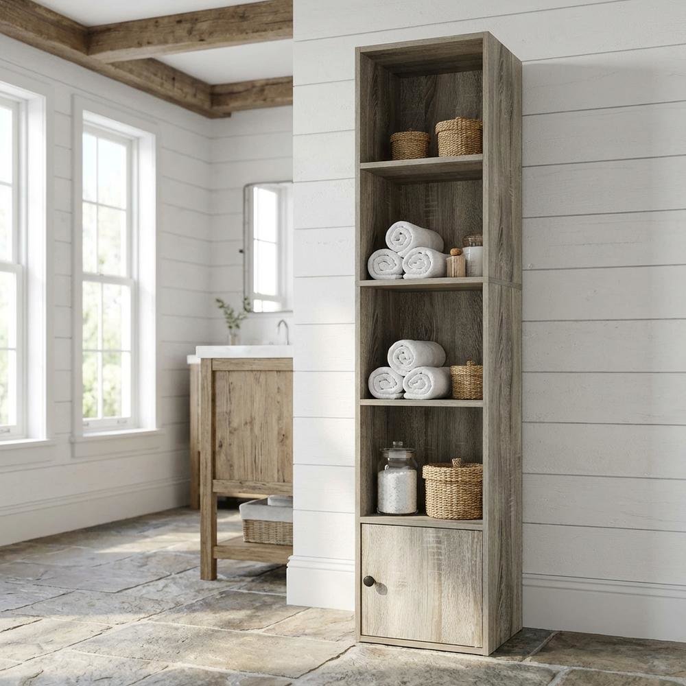 Brown 5-Tier Shelf Bookcase with Door Storage Cabinet for Living Room